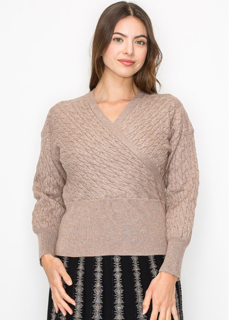 Taupe Cable-Knit Wrap Sweater