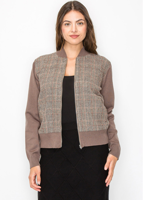 Taupe Plaid Panel Zip-Up Cardigan