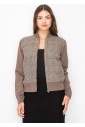 Taupe Plaid Panel Zip-Up Cardigan