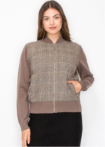 Taupe Plaid Panel Zip-Up Cardigan