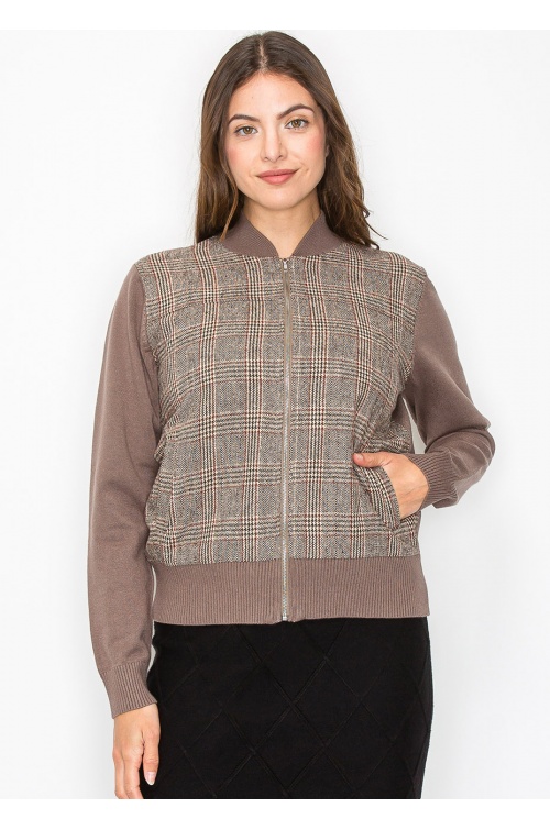 Taupe Plaid Panel Zip-Up Cardigan