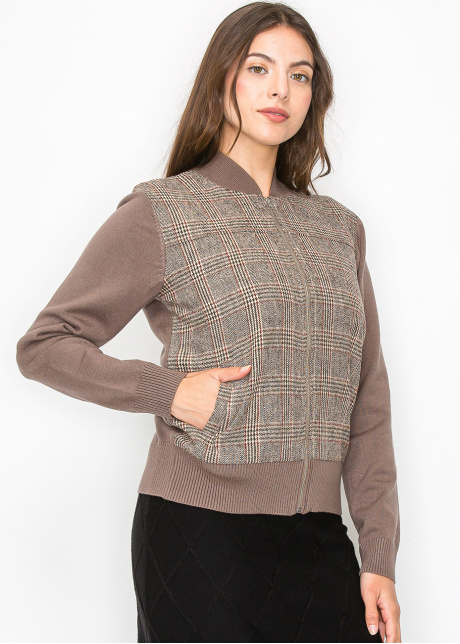 Taupe Plaid Panel Zip-Up Cardigan