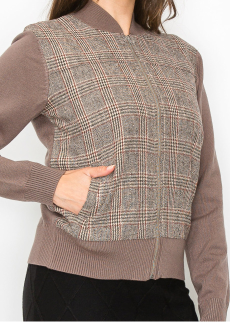 Taupe Plaid Panel Zip-Up Cardigan
