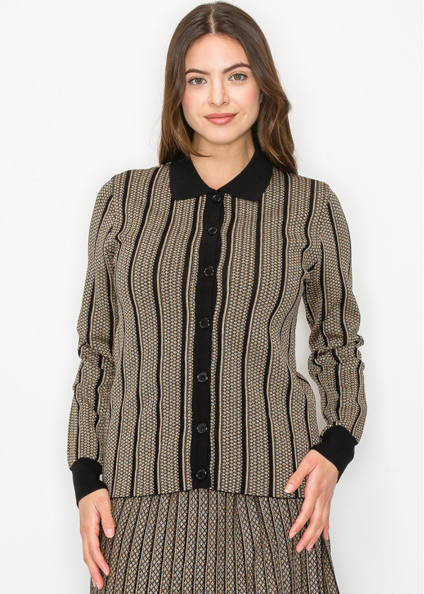 Gold Stripe Button-Down Knit Top