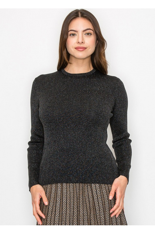 Black Sparkle Ribbed Knit Top