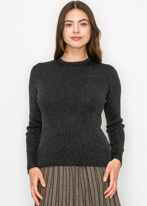 Black Sparkle Ribbed Knit Top