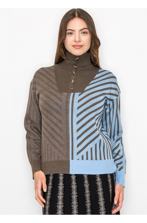 Geometric Color-Block Turtleneck Sweater