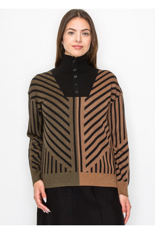 Camel & Black Sweater with Artistic Stripes