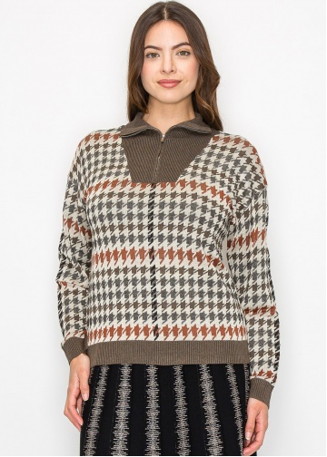 Autumn Houndstooth Knit Sweater | Modest Women Clothing