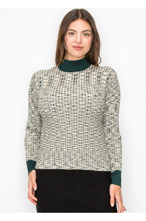 Multi-Tone Knit Sweater with High Neck