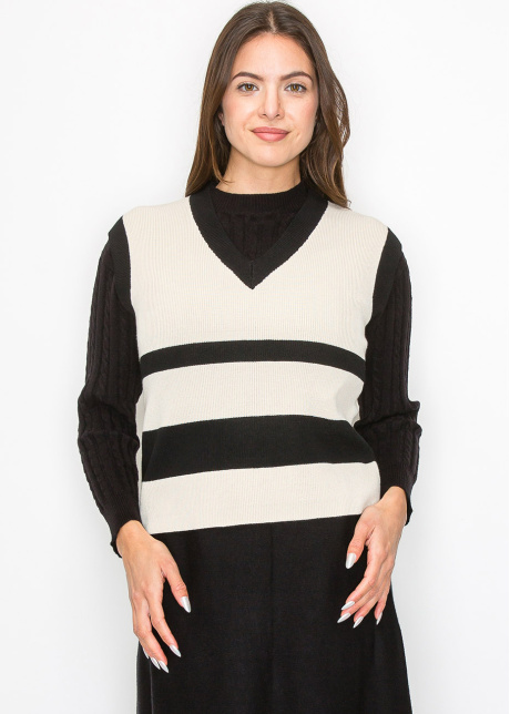 Cream Striped V-Neck Vest