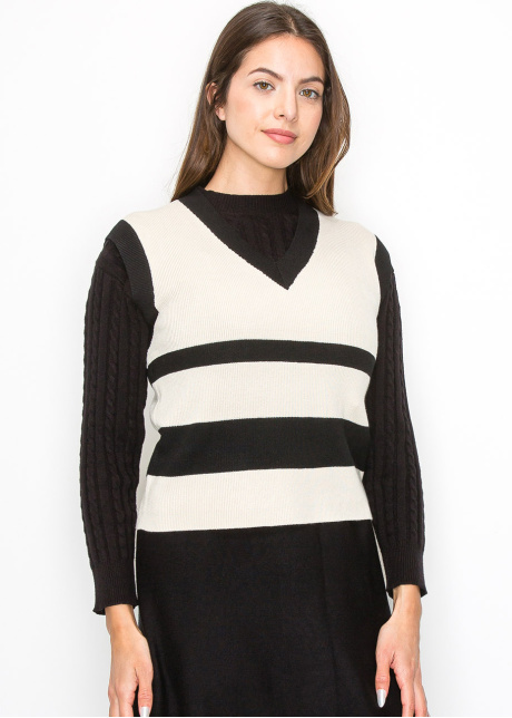 Cream Striped V-Neck Vest
