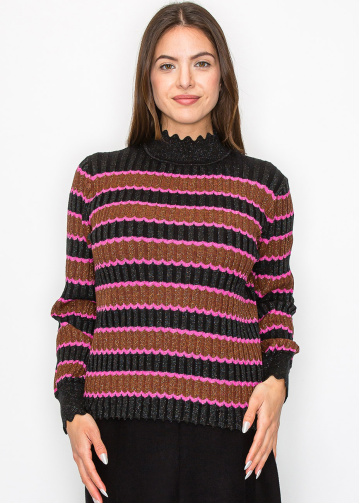 Shimmer Stripe Sweater with Scalloped Trim