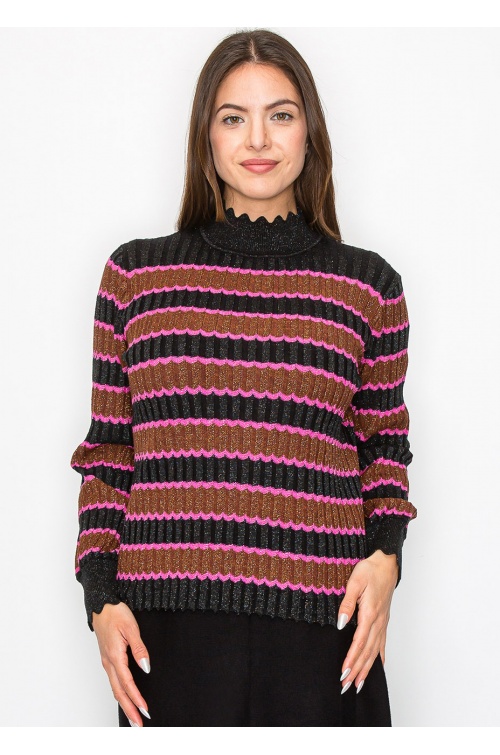 Shimmer Stripe Sweater with Scalloped Trim