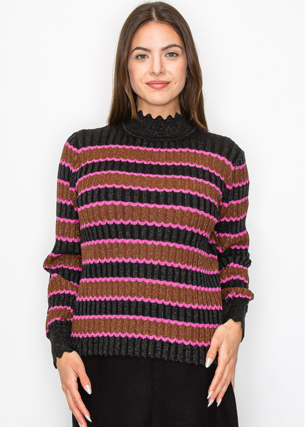 Shimmer Stripe Sweater with Scalloped Trim