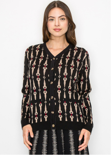 Black Cardigan with Bold Geometric Print