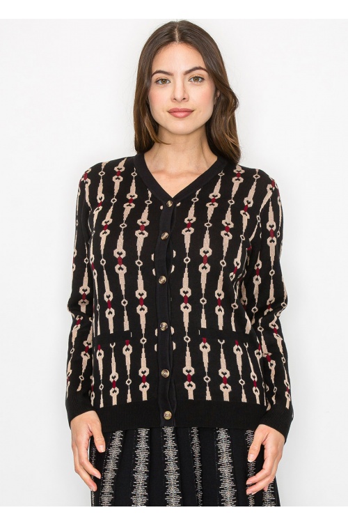 Black Cardigan with Bold Geometric Print