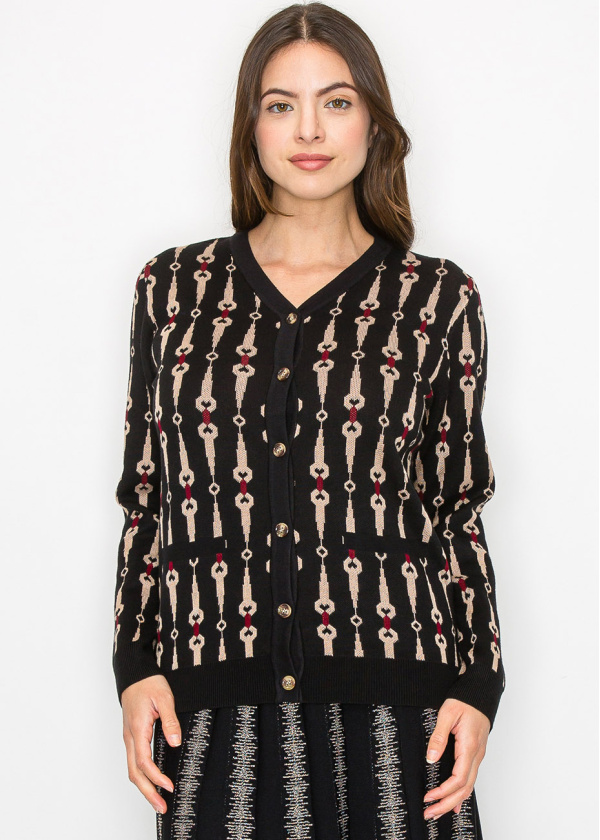 Black Cardigan with Bold Geometric Print