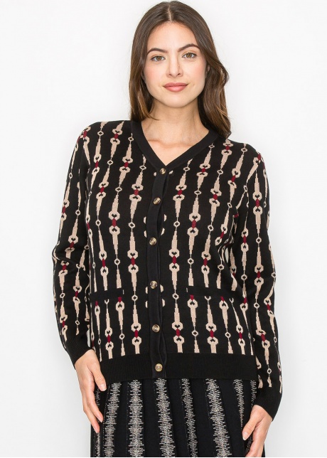 Black Cardigan with Bold Geometric Print