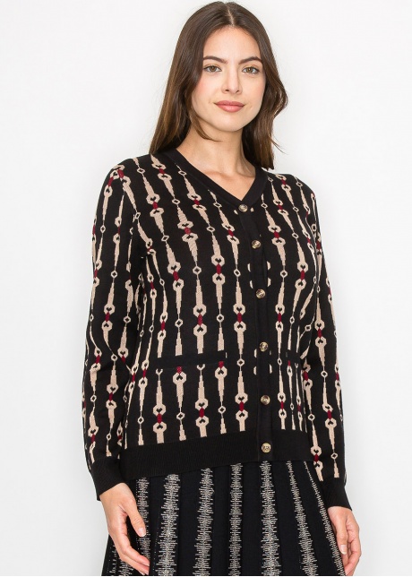 Black Cardigan with Bold Geometric Print