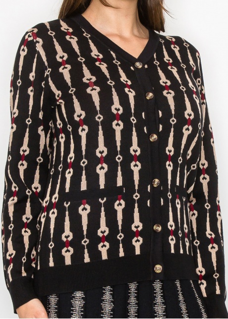 Black Cardigan with Bold Geometric Print