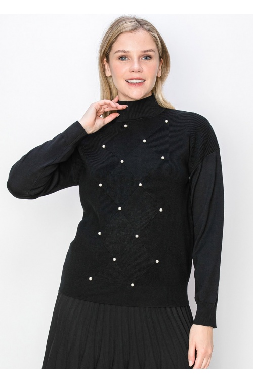 Pearl Accent Black Knit Sweater