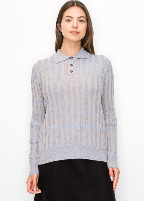 Blue Striped Knit Polo Sweater
