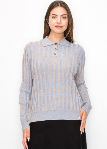 Blue Striped Knit Polo Sweater | Modest Women Clothing - YAL