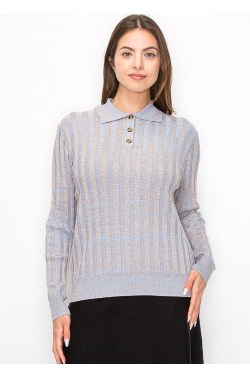 Blue Striped Knit Polo Sweater