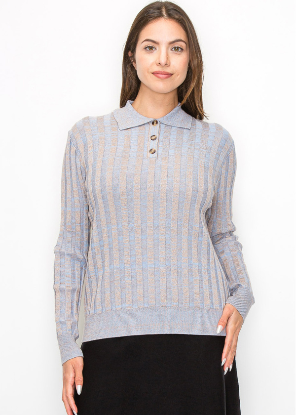 Blue Striped Knit Polo Sweater