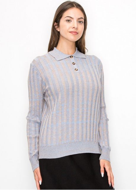 Blue Striped Knit Polo Sweater