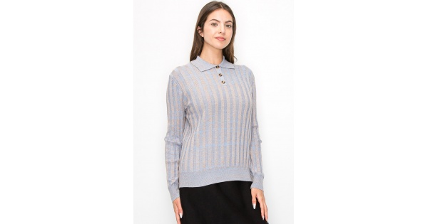 Blue Striped Knit Polo Sweater | Modest Women Clothing - YAL