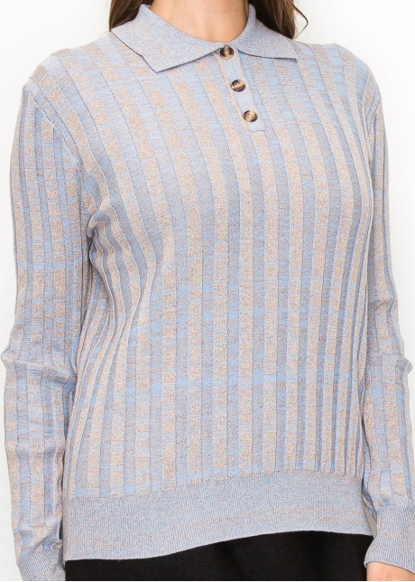 Blue Striped Knit Polo Sweater