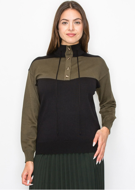 High-Neck Olive Panel Sweater