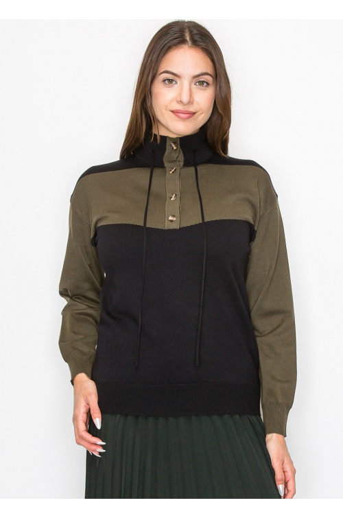 High-Neck Olive Panel Sweater