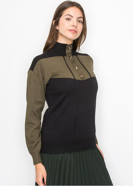High-Neck Olive Panel Sweater