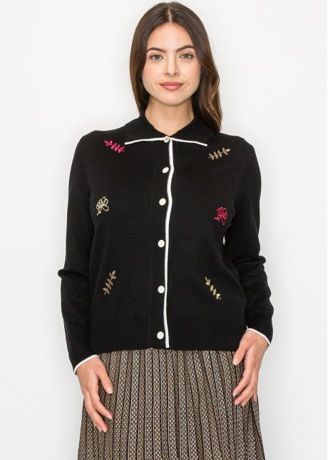 Black Buttoned Cardigan with Floral Accents