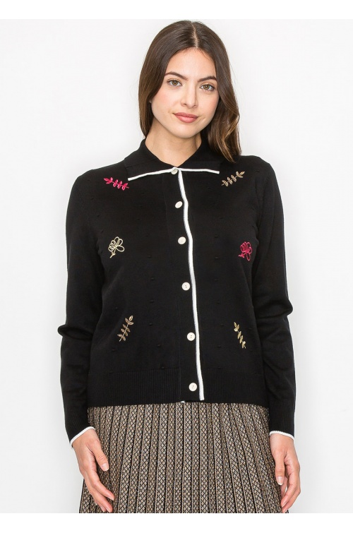 Black Buttoned Cardigan with Floral Accents