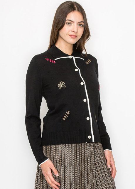 Black Buttoned Cardigan with Floral Accents