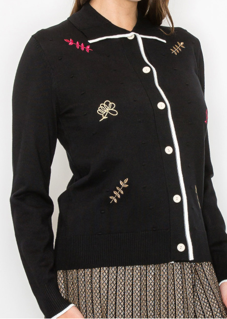 Black Buttoned Cardigan with Floral Accents