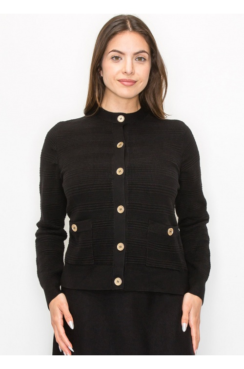 Buttoned Black Knit Cardigan with Pockets