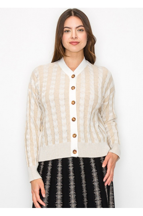 Beige Cable Knit Stripe Cardigan