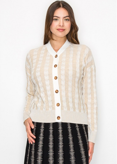 Beige Cable Knit Stripe Cardigan