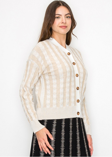 Beige Cable Knit Stripe Cardigan