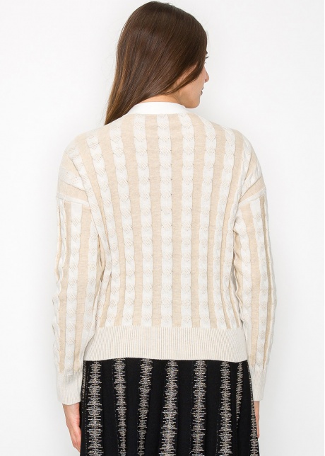 Beige Cable Knit Stripe Cardigan