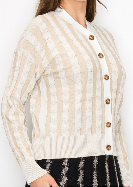 Beige Cable Knit Stripe Cardigan