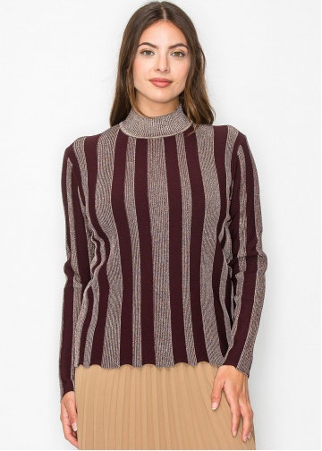 【OPEN YY】STRIPE HALF SLEEVE KNIT TOP / BURGUNDY Burgundy Glow Stripe Knit Sweater | Modest Women Clothing