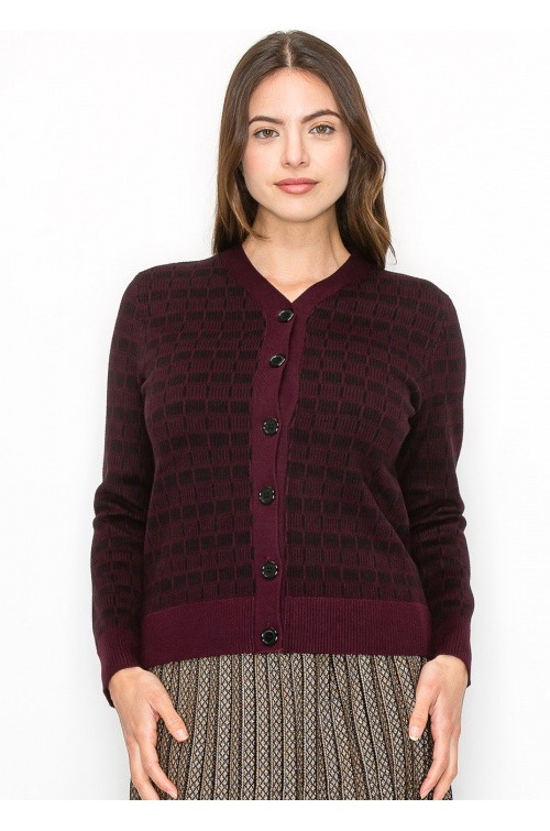 Burgundy and Black Check Knit Cardigan