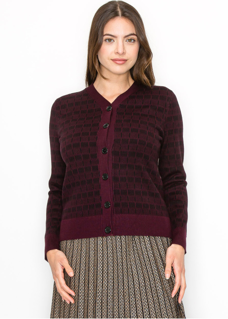 Burgundy and Black Check Knit Cardigan