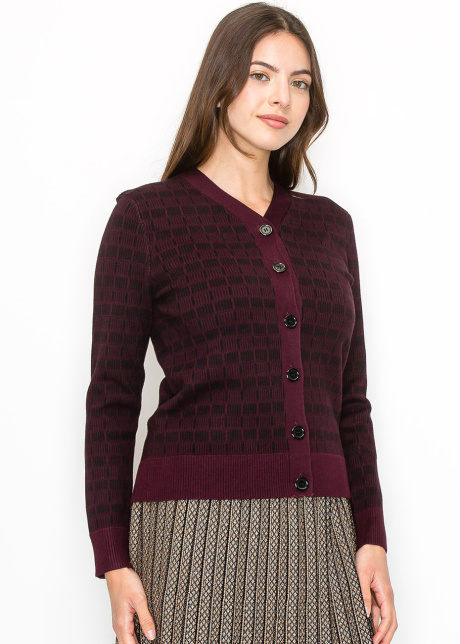 Burgundy and Black Check Knit Cardigan